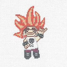 Needlepoint canvas design of a character with fiery hair on a white background