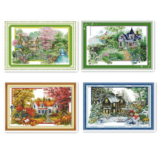 Seasons Scenic Cross Stitch Kit – Choose Spring, Summer, Autumn, or Winter Cottage Views