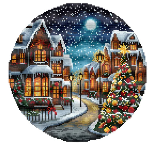 Christmas Village Cross Stitch Kit – Festive Holiday Scene with Tree & Decorated Homes