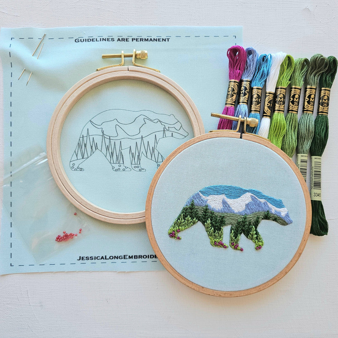 Jessica Long Embroidery – Mountain Bear Embroidery Kit | 5" Mountain Landscape Hand Embroidery Kit