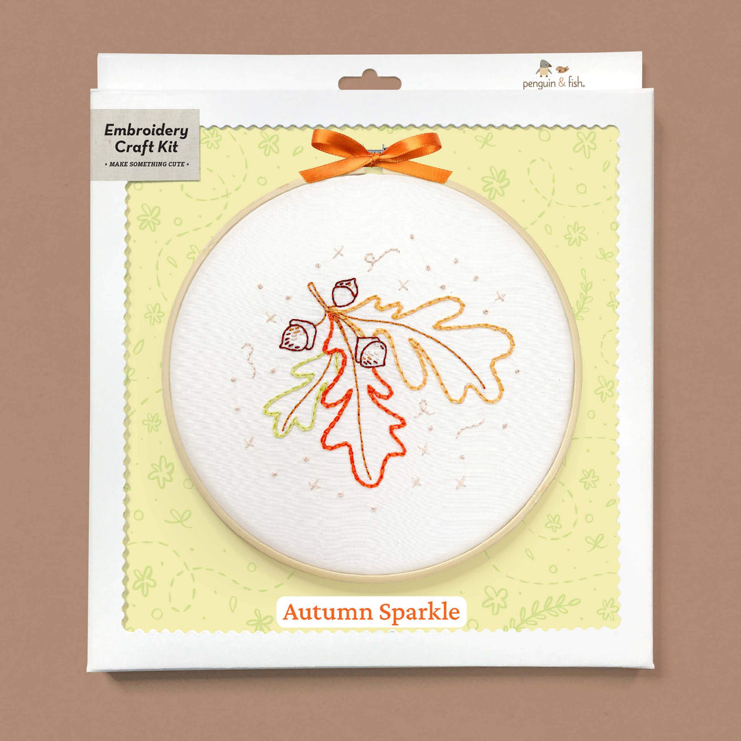 Penguin & Fish – Autumn Sparkle Embroidery Kit | 8" Beginner Fall Embroidery Kit