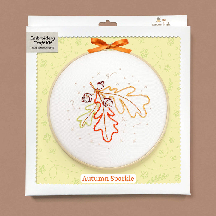 Penguin & Fish – Autumn Sparkle Embroidery Kit | 8" Beginner Fall Embroidery Kit