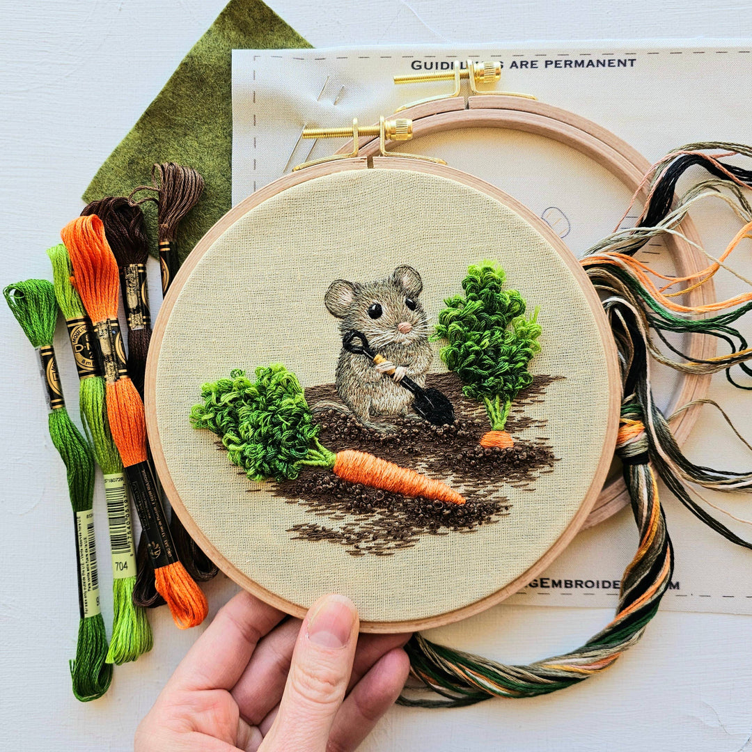 Jessica Long Embroidery – Garden Mouse Embroidery Kit | Thread Painting & Stumpwork Kit