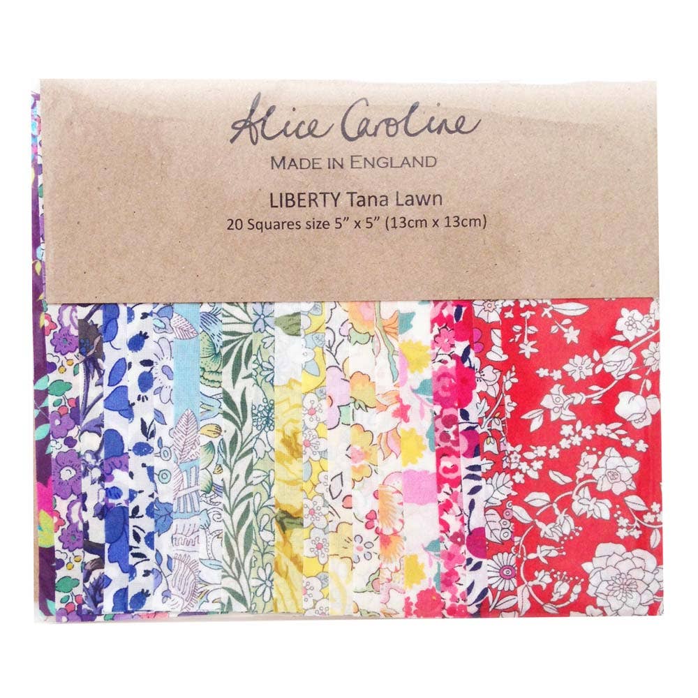Pack of Liberty Tana Lawn fabric squares with a brown label on a white background
