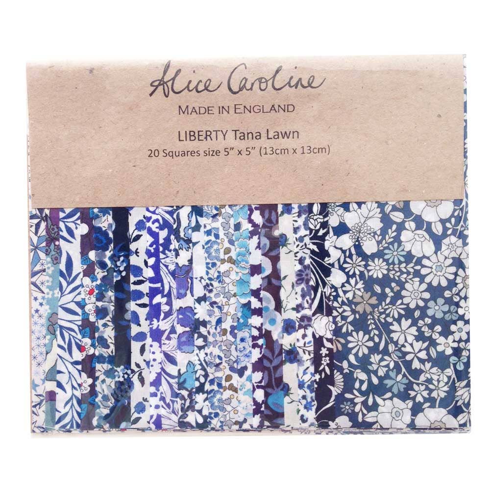 Pack of Liberty Tana Lawn fabric squares with a brown label on a white background