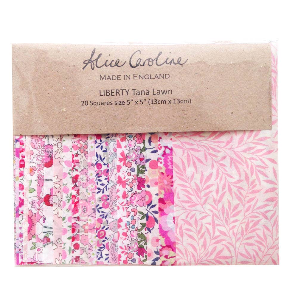Pack of Liberty Tana Lawn fabric squares with a brown cardboard packaging label.