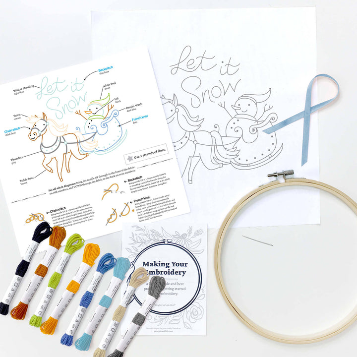 Penguin & Fish – Sleigh Ride Embroidery Kit | 8" Beginner Winter Embroidery Kit
