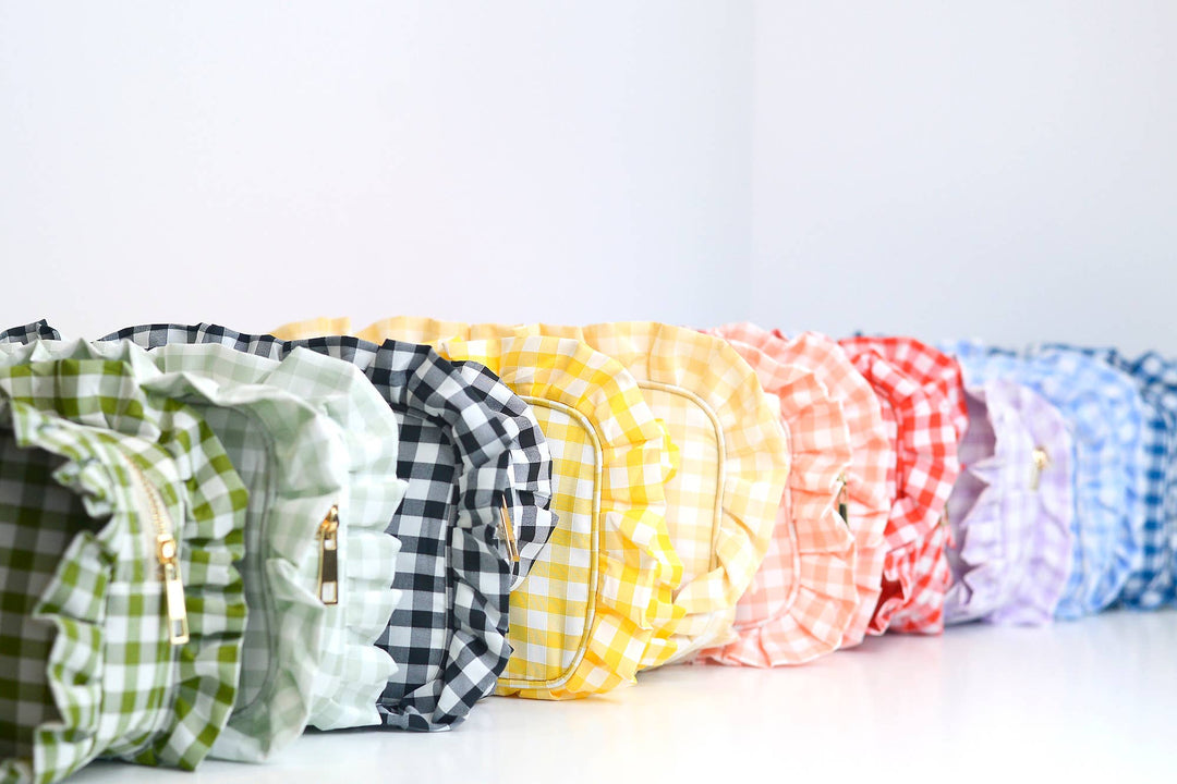 Mugsby - Gingham Ruffle Zipper Pouch Embroidery Friendly Cosmetic Bag: Black - Pisgah Needleworks