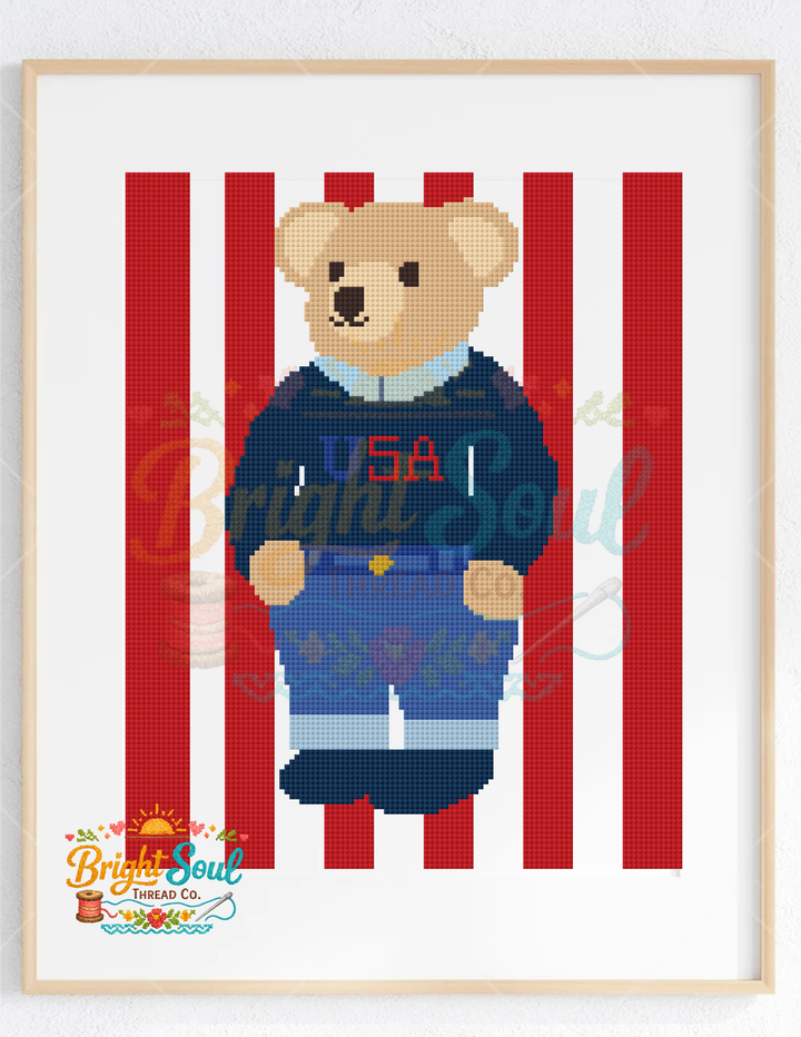 Bright Soul Thread Co. Patriotic Bear Counted Cross Stitch Kit Medium | Complete USA Cross Stitch Kit