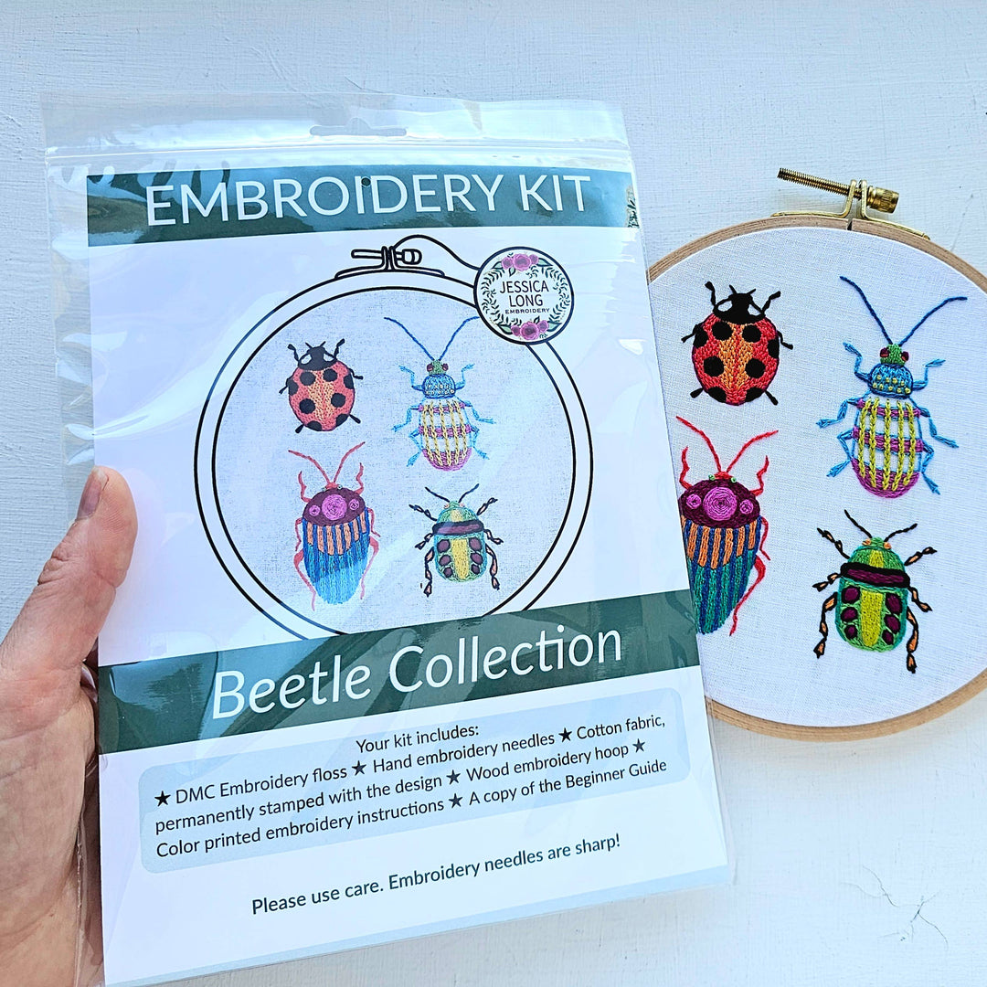 Jessica Long Embroidery – Beetle Collection Embroidery Kit | Colorful Bug Sampler
