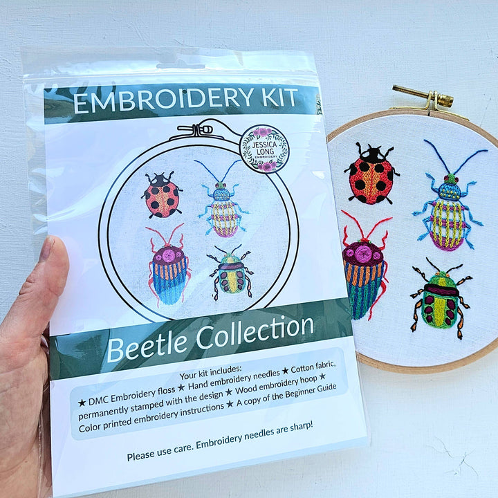 Jessica Long Embroidery – Beetle Collection Embroidery Kit | Colorful Bug Sampler