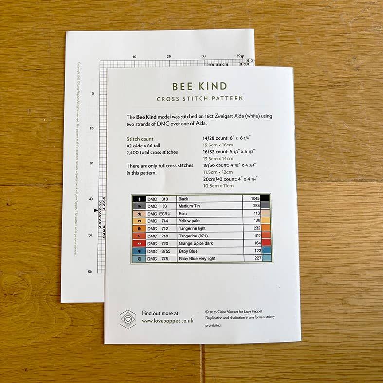 Bee Kind Cross Stitch Pattern – Love Poppet Printed Chart - Pisgah Needleworks