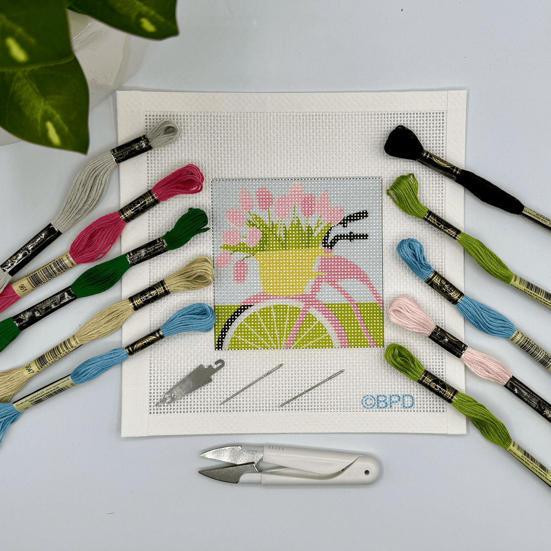 Blue Poppy Designs Bicycle with Pink Flowers Beginner Needlepoint Kit - Pisgah Needleworks