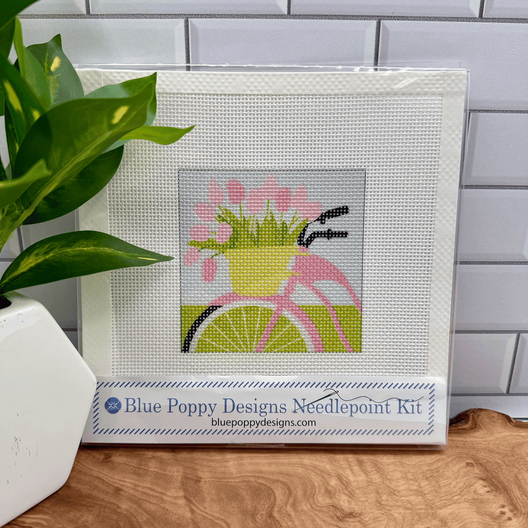Blue Poppy Designs Bicycle with Pink Flowers Beginner Needlepoint Kit - Pisgah Needleworks