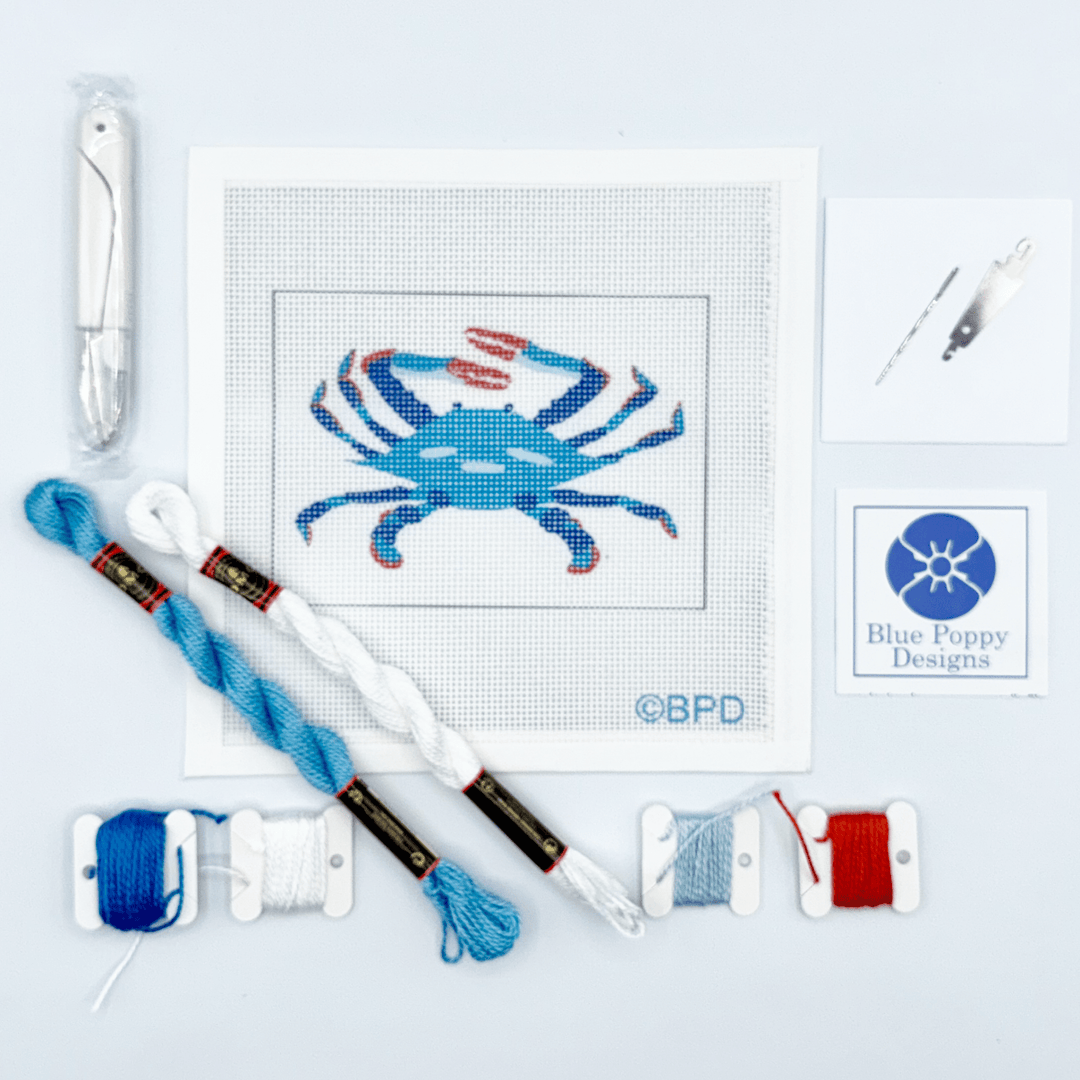 Blue Poppy Designs Blue Crab Beginner Needlepoint Kit – 4” x 6” on 13 Mesh - Pisgah Needleworks