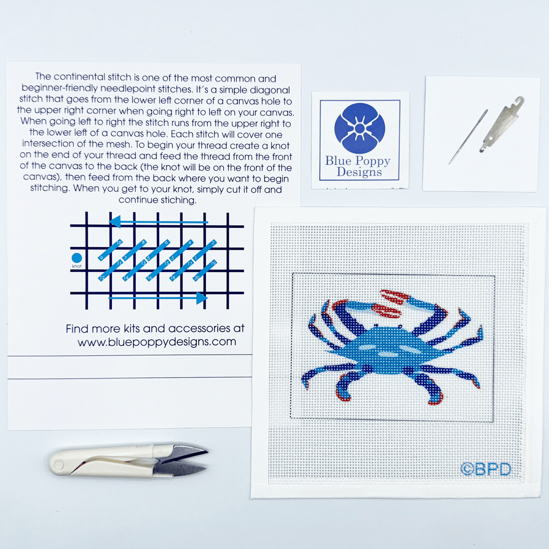 Blue Poppy Designs Blue Crab Beginner Needlepoint Kit – 4” x 6” on 13 Mesh - Pisgah Needleworks