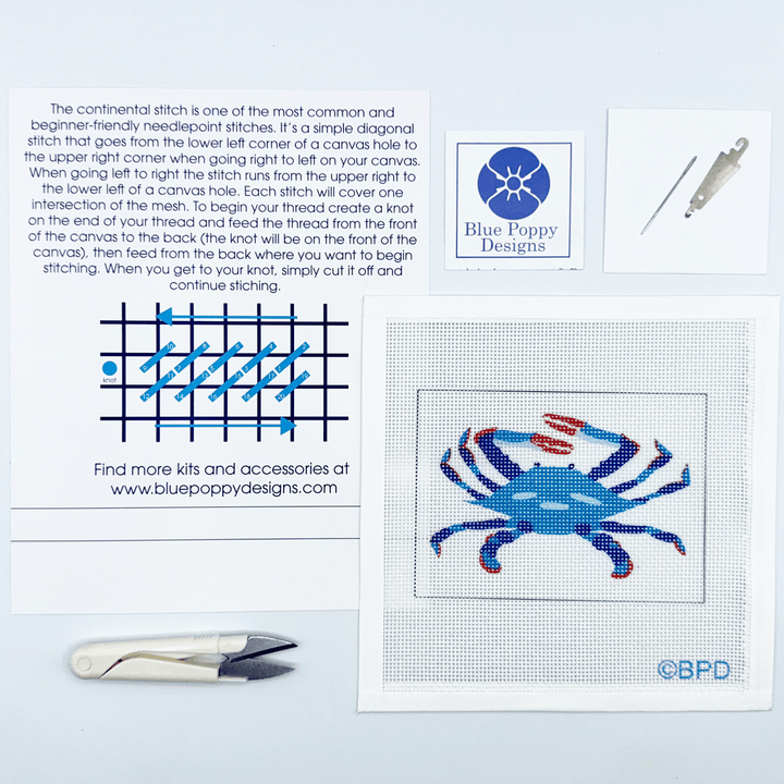 Blue Poppy Designs Blue Crab Beginner Needlepoint Kit – 4” x 6” on 13 Mesh - Pisgah Needleworks