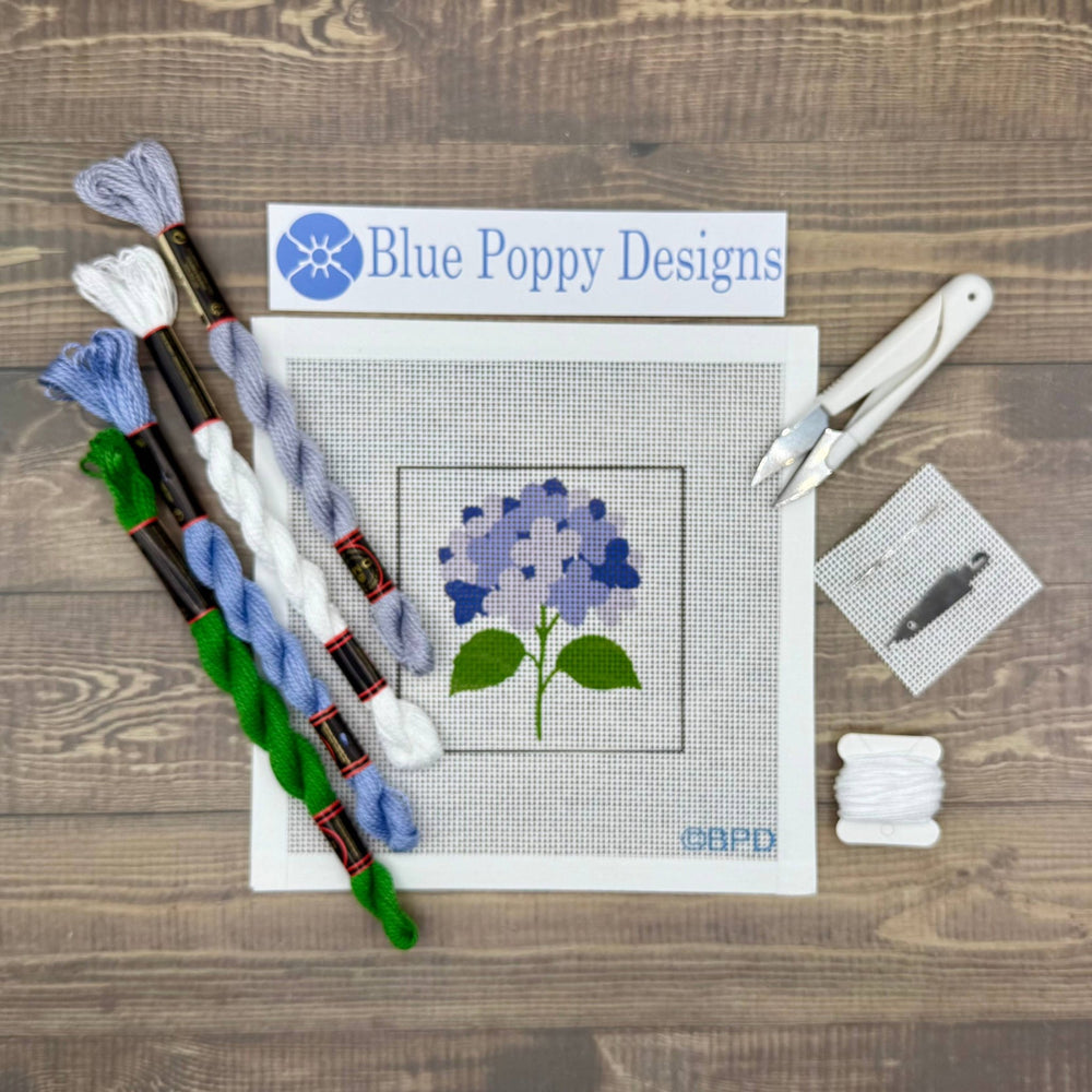 Blue Poppy Designs Blue Hydrangea Beginner Needlepoint Kit – 4” x 4” on 13 Mesh - Pisgah Needleworks