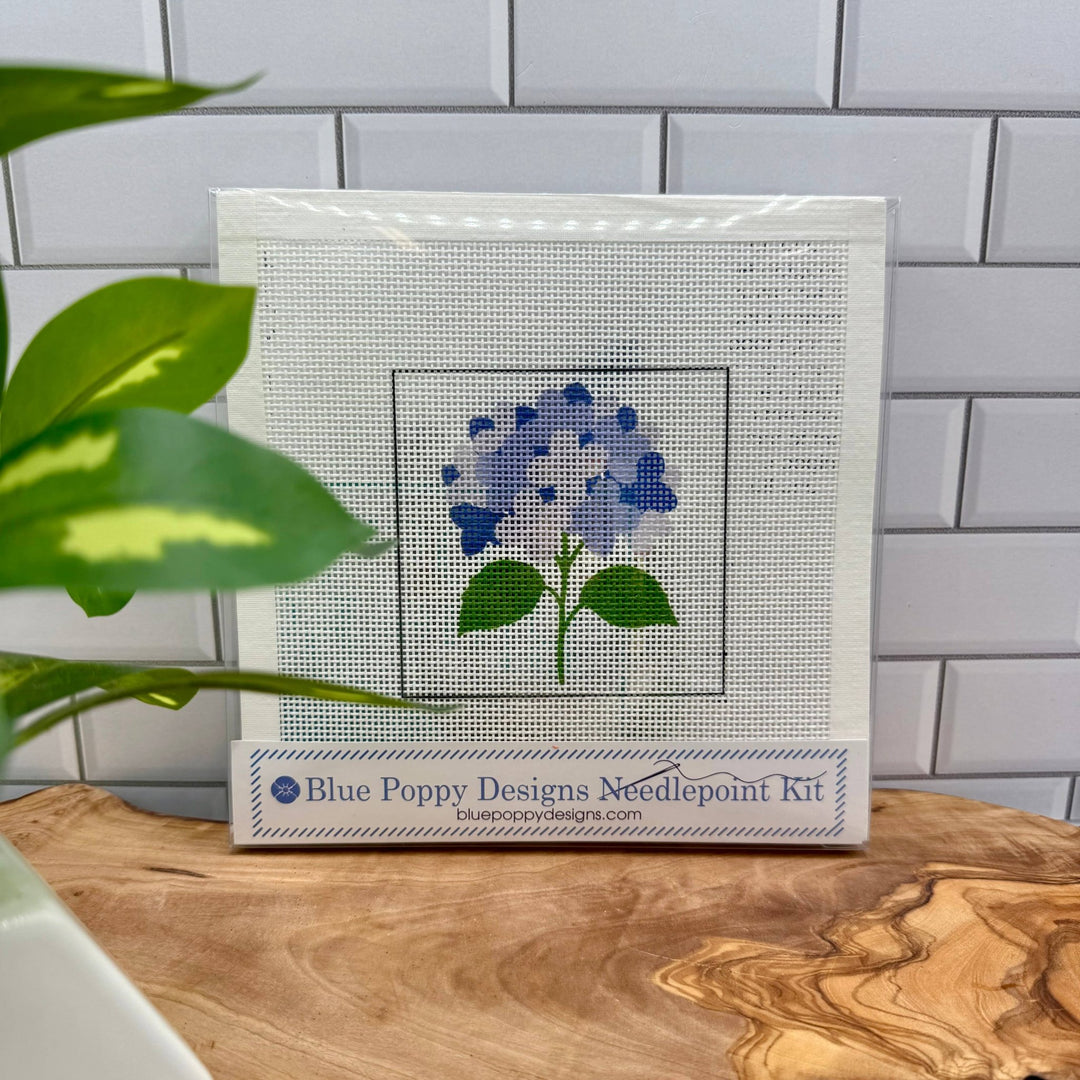 Blue Poppy Designs Blue Hydrangea Beginner Needlepoint Kit – 4” x 4” on 13 Mesh - Pisgah Needleworks