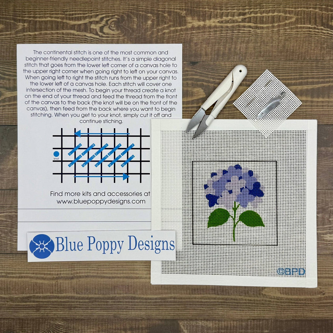 Blue Poppy Designs Blue Hydrangea Beginner Needlepoint Kit – 4” x 4” on 13 Mesh - Pisgah Needleworks