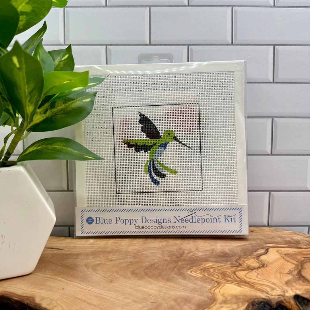Blue Poppy Designs Hummingbird Beginner Needlepoint Kit – 4” x 6” on 13 Mesh - Pisgah Needleworks
