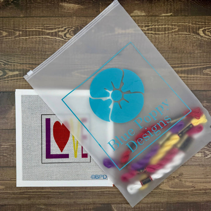 Blue Poppy Designs LOVE Beginner Needlepoint Kit – 4” x 4” on 13 Mesh - Pisgah Needleworks