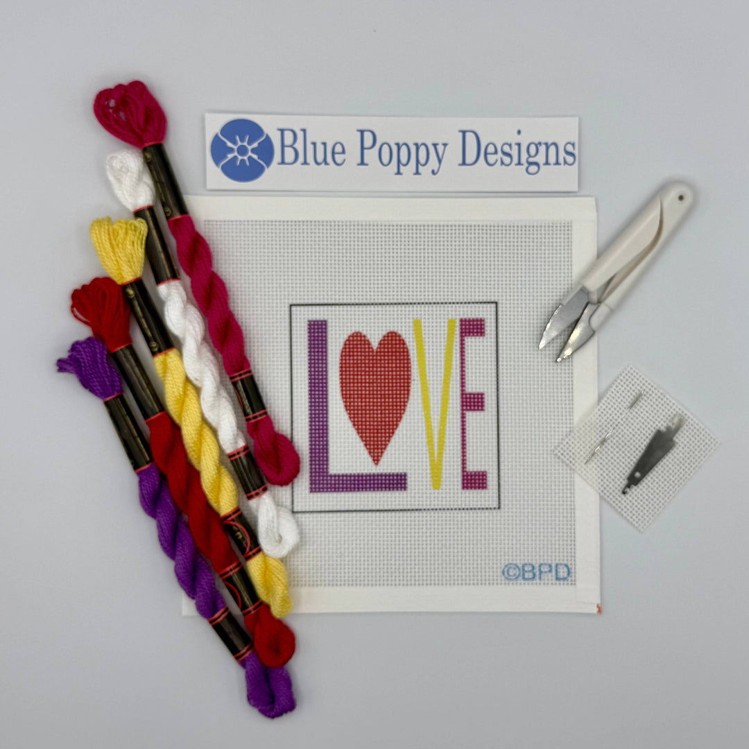 Blue Poppy Designs LOVE Beginner Needlepoint Kit – 4” x 4” on 13 Mesh - Pisgah Needleworks