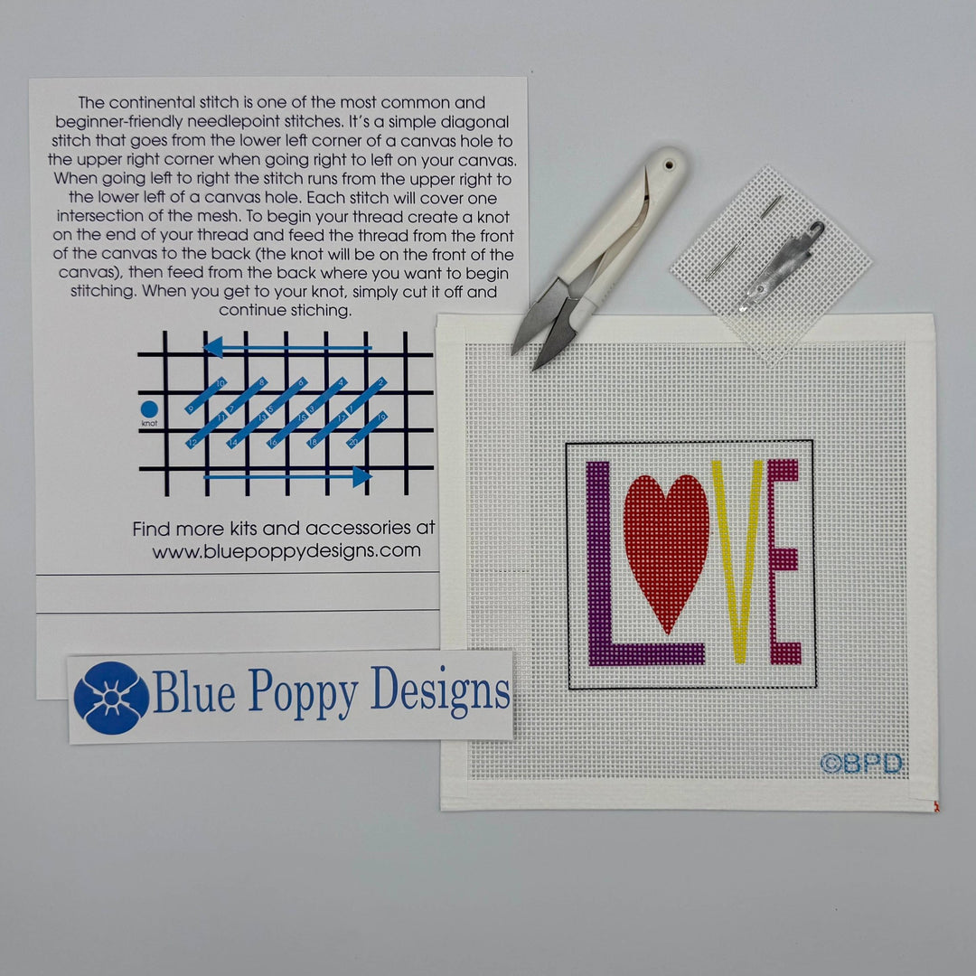 Blue Poppy Designs LOVE Beginner Needlepoint Kit – 4” x 4” on 13 Mesh - Pisgah Needleworks