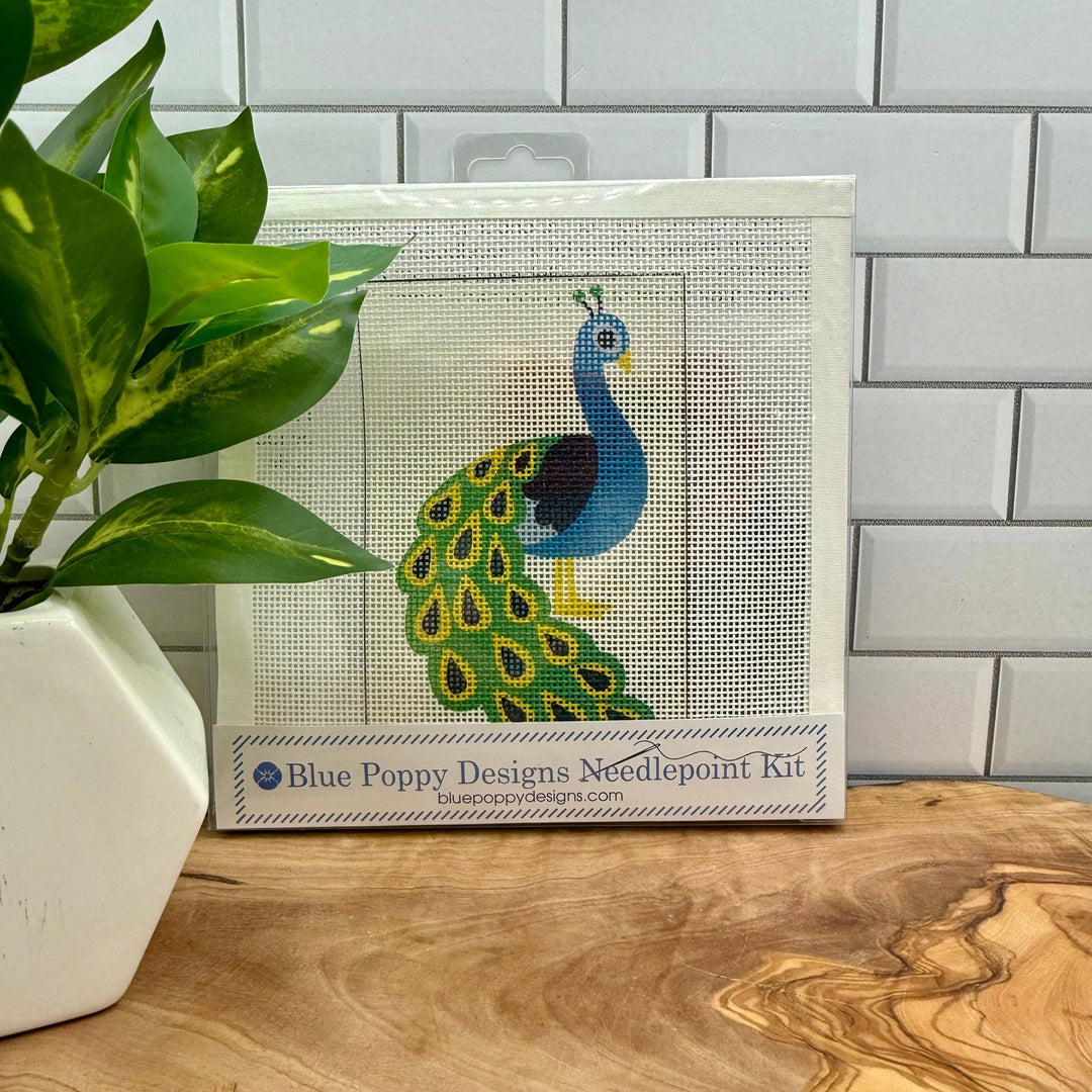Blue Poppy Designs Peacock Beginner Needlepoint Kit – 4” x 4” on 13 Mesh - Pisgah Needleworks
