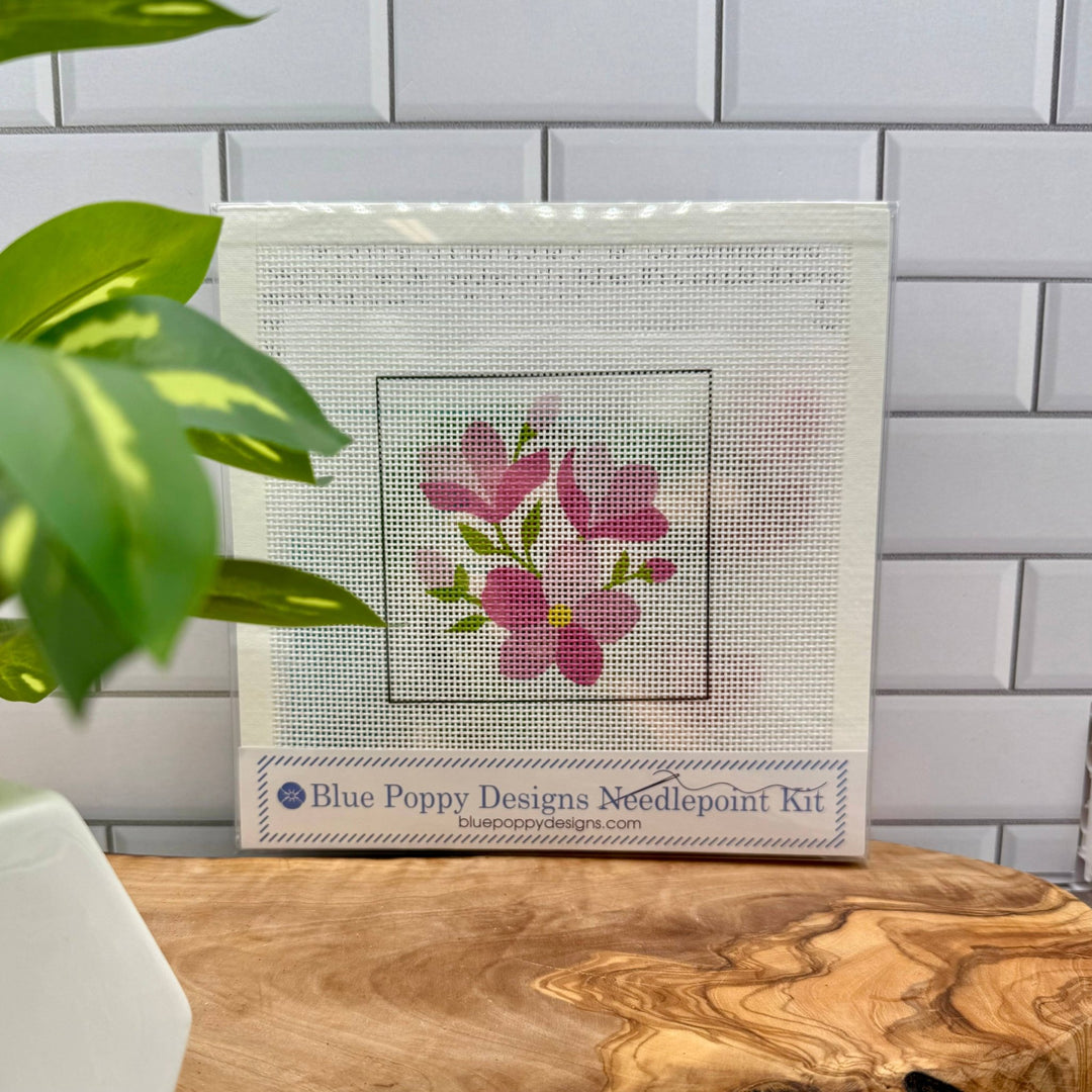 Blue Poppy Designs Pink Flowers Beginner Needlepoint Kit – 4” x 4” on 13 Mesh - Pisgah Needleworks