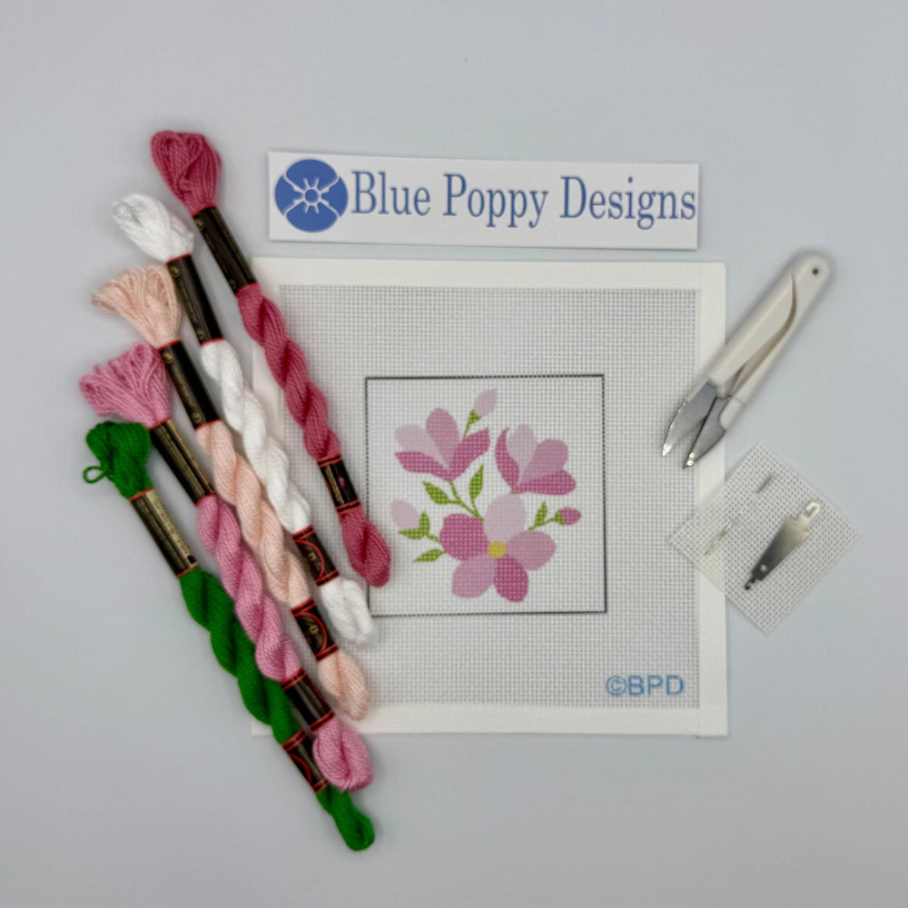 Blue Poppy Designs Pink Flowers Beginner Needlepoint Kit – 4” x 4” on 13 Mesh - Pisgah Needleworks