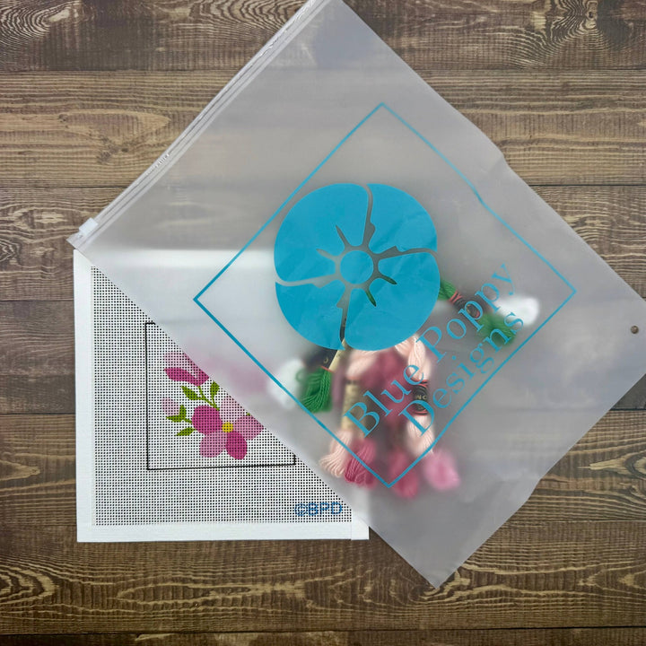 Blue Poppy Designs Pink Flowers Beginner Needlepoint Kit – 4” x 4” on 13 Mesh - Pisgah Needleworks