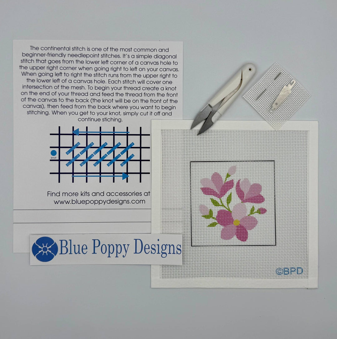 Blue Poppy Designs Pink Flowers Beginner Needlepoint Kit – 4” x 4” on 13 Mesh - Pisgah Needleworks