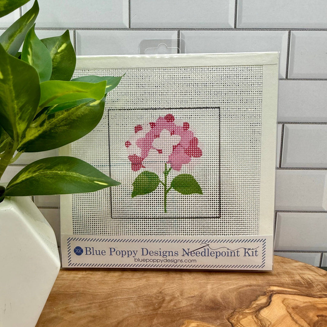 Blue Poppy Designs Pink Hydrangea Beginner Needlepoint Kit – 4” x 4” on 13 Mesh - Pisgah Needleworks