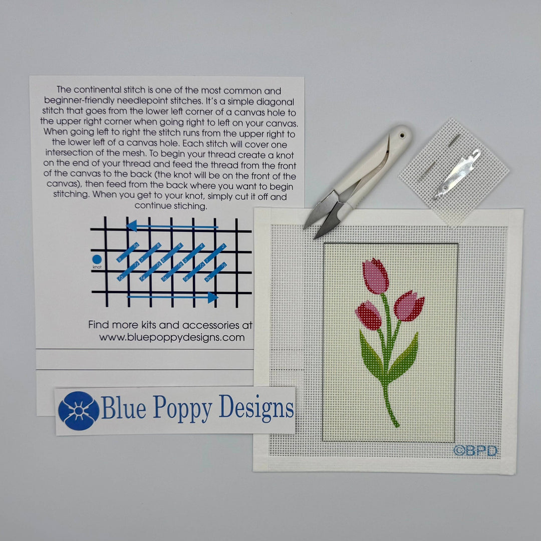Blue Poppy Designs Tulips Beginner Needlepoint Kit – 4” x 6” on 13 Mesh - Pisgah Needleworks