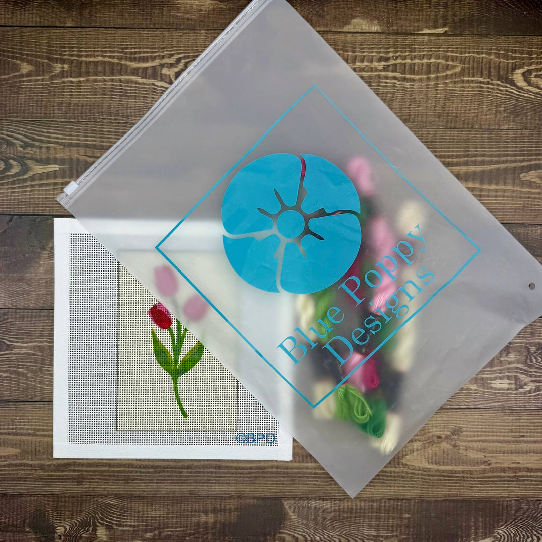 Blue Poppy Designs Tulips Beginner Needlepoint Kit – 4” x 6” on 13 Mesh - Pisgah Needleworks