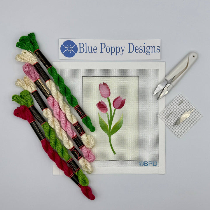 Blue Poppy Designs Tulips Beginner Needlepoint Kit – 4” x 6” on 13 Mesh - Pisgah Needleworks