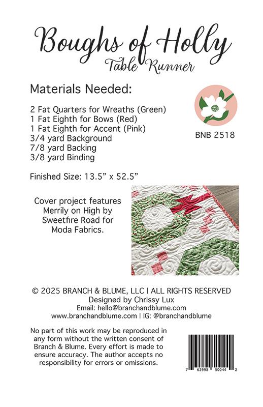 Branch & Blume Boughs of Holly Table Runner Quilt Pattern | Christmas Wreath Quilt Pattern - Pisgah Needleworks