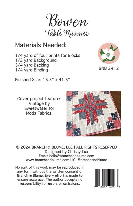 Branch & Blume Bowen Table Runner Quilt Pattern | Patriotic Table Runner Design - Pisgah Needleworks