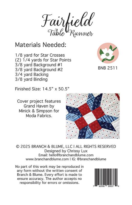 Branch & Blume Fairfield Table Runner Quilt Pattern | Americana Quilted Table Runner - Pisgah Needleworks