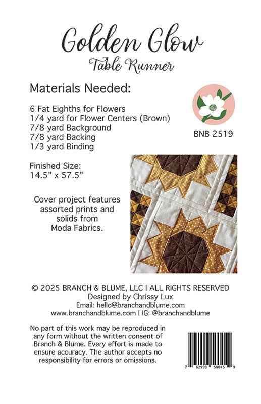 Branch & Blume Golden Glow Table Runner Quilt Pattern | Sunflower Table Runner Pattern - Pisgah Needleworks