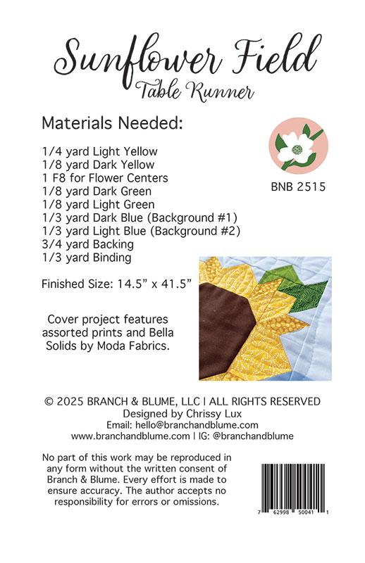 Branch & Blume Sunflower Field Table Runner Quilt Pattern | Sunflower Quilt Pattern - Pisgah Needleworks
