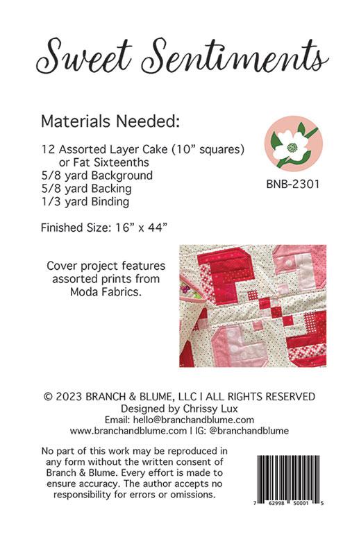Branch & Blume Sweet Sentiments Table Runner Quilt Pattern | Valentine Quilt Pattern - Pisgah Needleworks