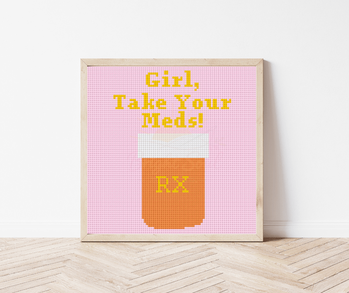 Bright Soul Thread Co. Girl, Take Your Meds Counted Cross Stitch Kit Medium | Complete Funny Cross Stitch Kit - Pisgah Needleworks