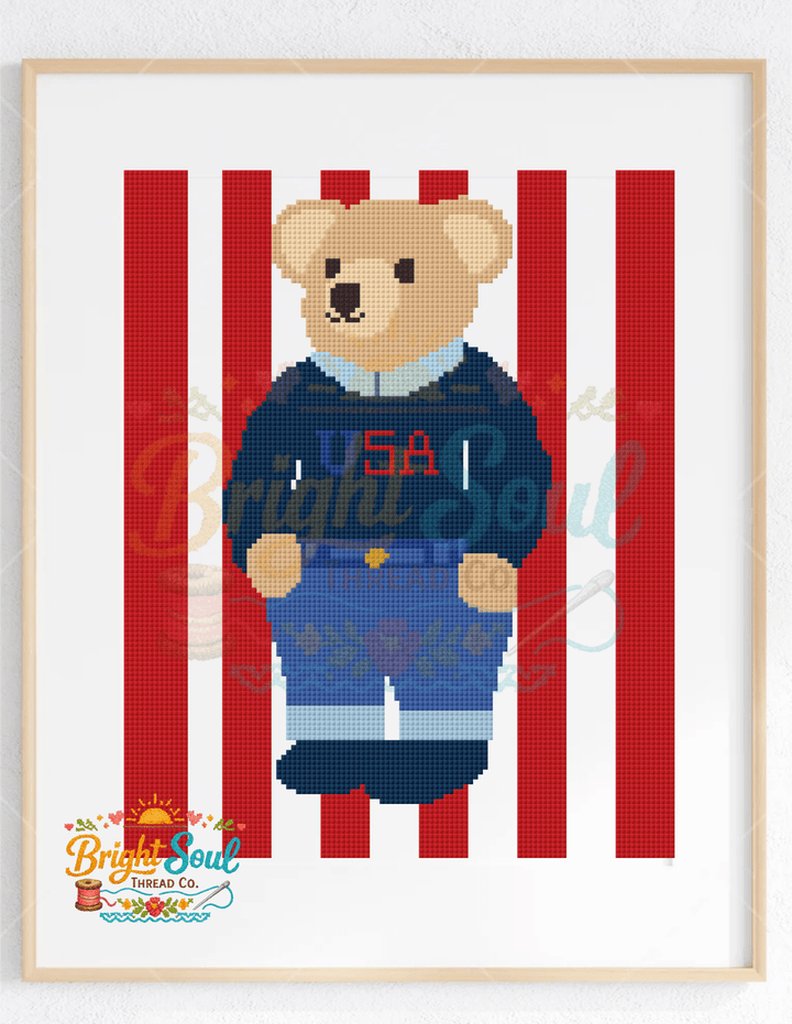 Bright Soul Thread Co. Patriotic Bear Counted Cross Stitch Kit Medium | Complete USA Cross Stitch Kit - Pisgah Needleworks
