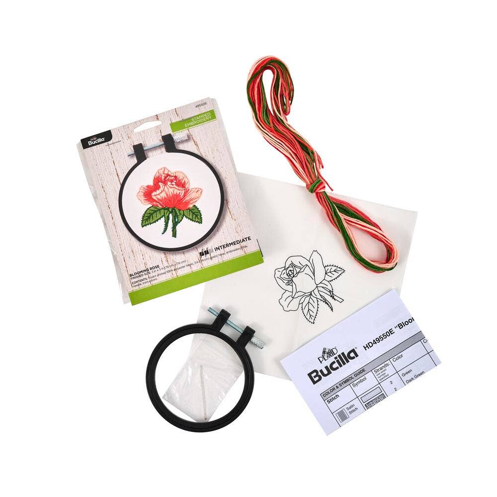 Bucilla Blooming Rose Stamped Embroidery Kit – 3" Floral Embroidery Hoop - Pisgah Needleworks