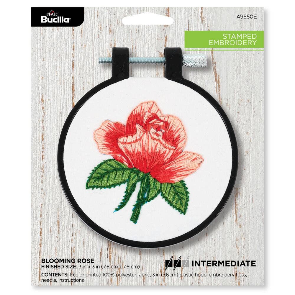 Bucilla Blooming Rose Stamped Embroidery Kit – 3" Floral Embroidery Hoop - Pisgah Needleworks
