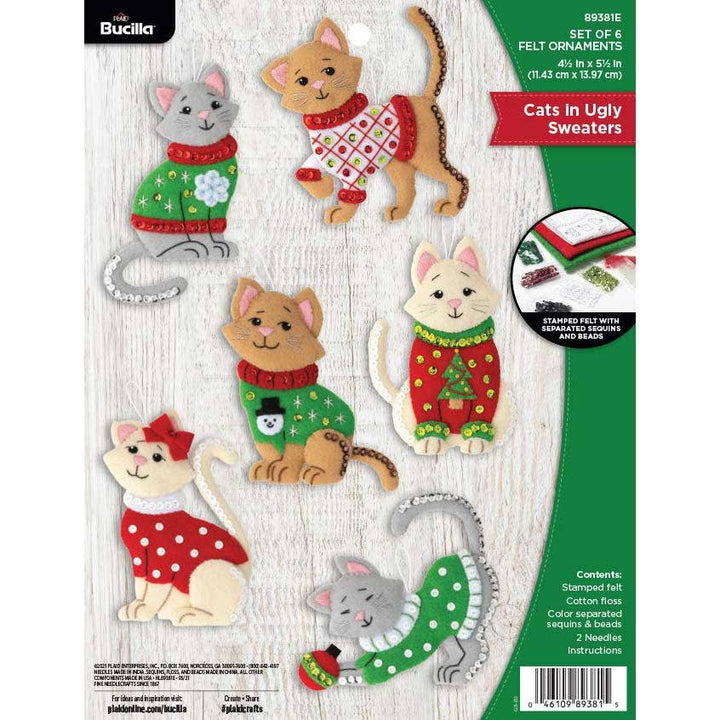 Bucilla Cats in Ugly Sweaters Felt Ornament Kit – Set of 6 Christmas Cat Ornaments - Pisgah Needleworks