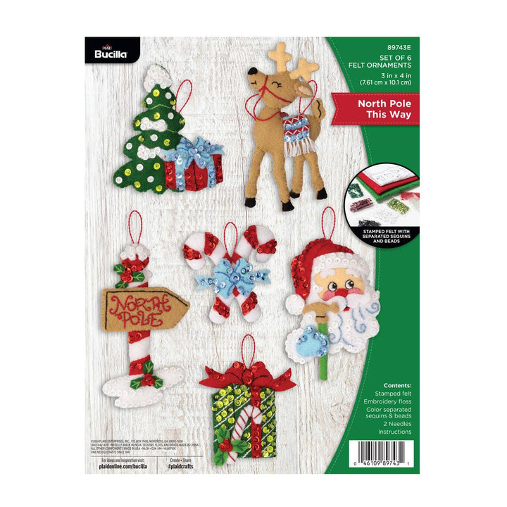 Bucilla North Pole This Way Felt Ornament Kit – Set of 6 Festive Christmas Ornaments - Pisgah Needleworks
