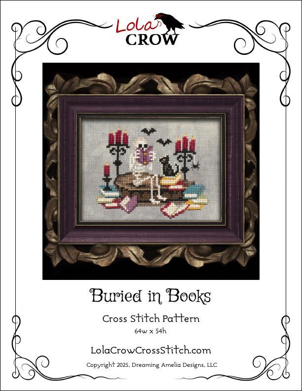 Buried in Books Cross Stitch Pattern | Lola Crow Halloween Leaflet - Pisgah Needleworks